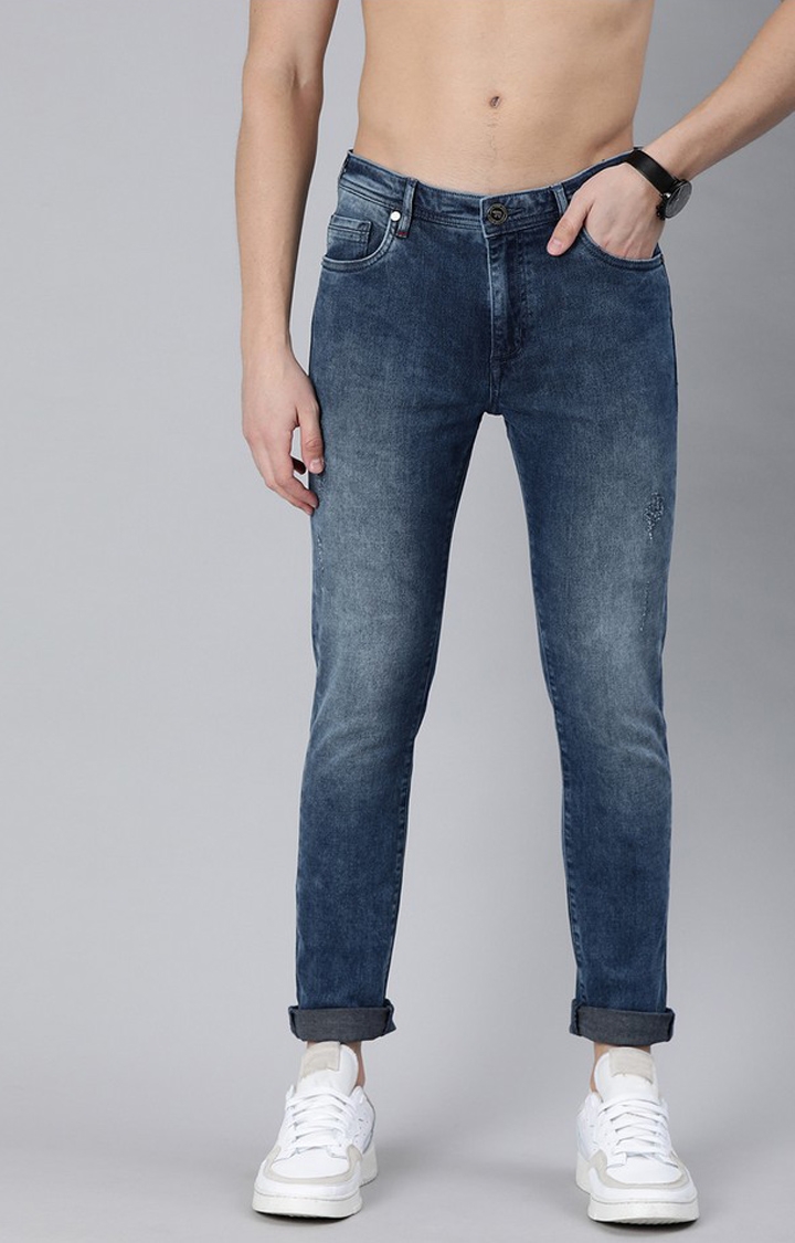 The Bear House | Men Blue Slim Fit Mid-Rise Low Distress Stretchable Jeans