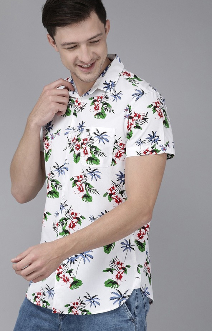 The Bear House Men'S White Floral Printed Casual Shirts