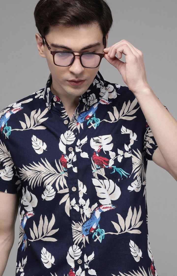 The Bear House | Men'S Blue Floral Printed Slim Fit Casual Shirts