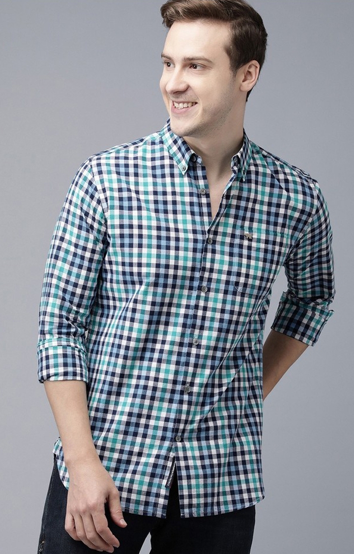 Men'S Blue Checked Slim Fit Casual Shirt