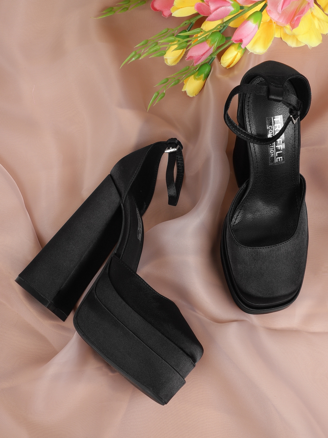 Truffle Collection | Black Satin Strappy Block Sandals
