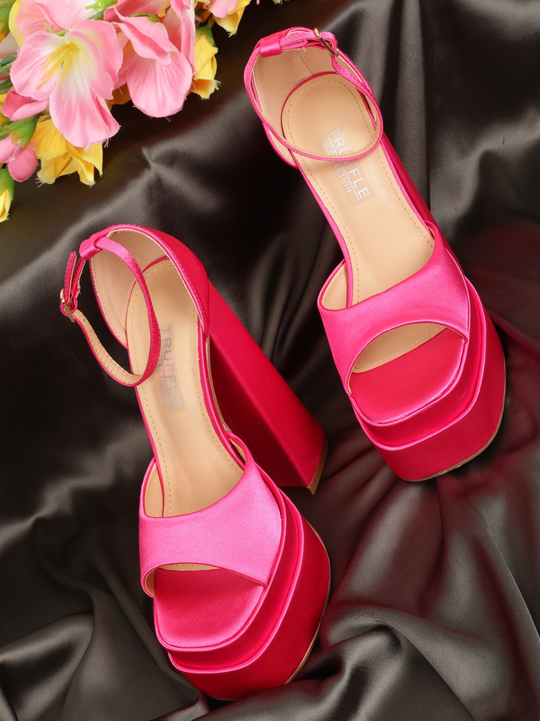 Truffle Collection | Hot Pink Satin Strappy Block Sandals