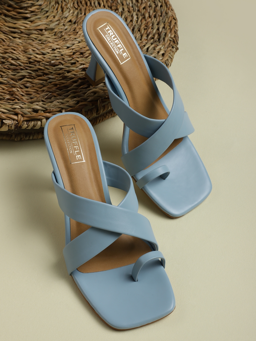Truffle Collection | Blue PU Crossover Strap Solid Pattern Stiletto Mules