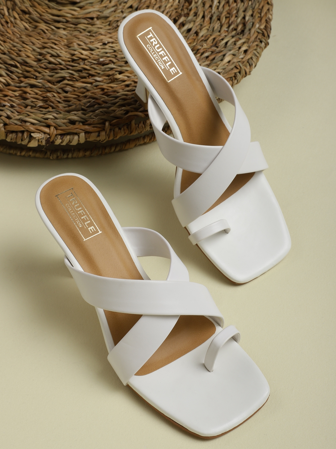 Truffle Collection | White PU Crossover Strap Solid Pattern Stiletto Mules