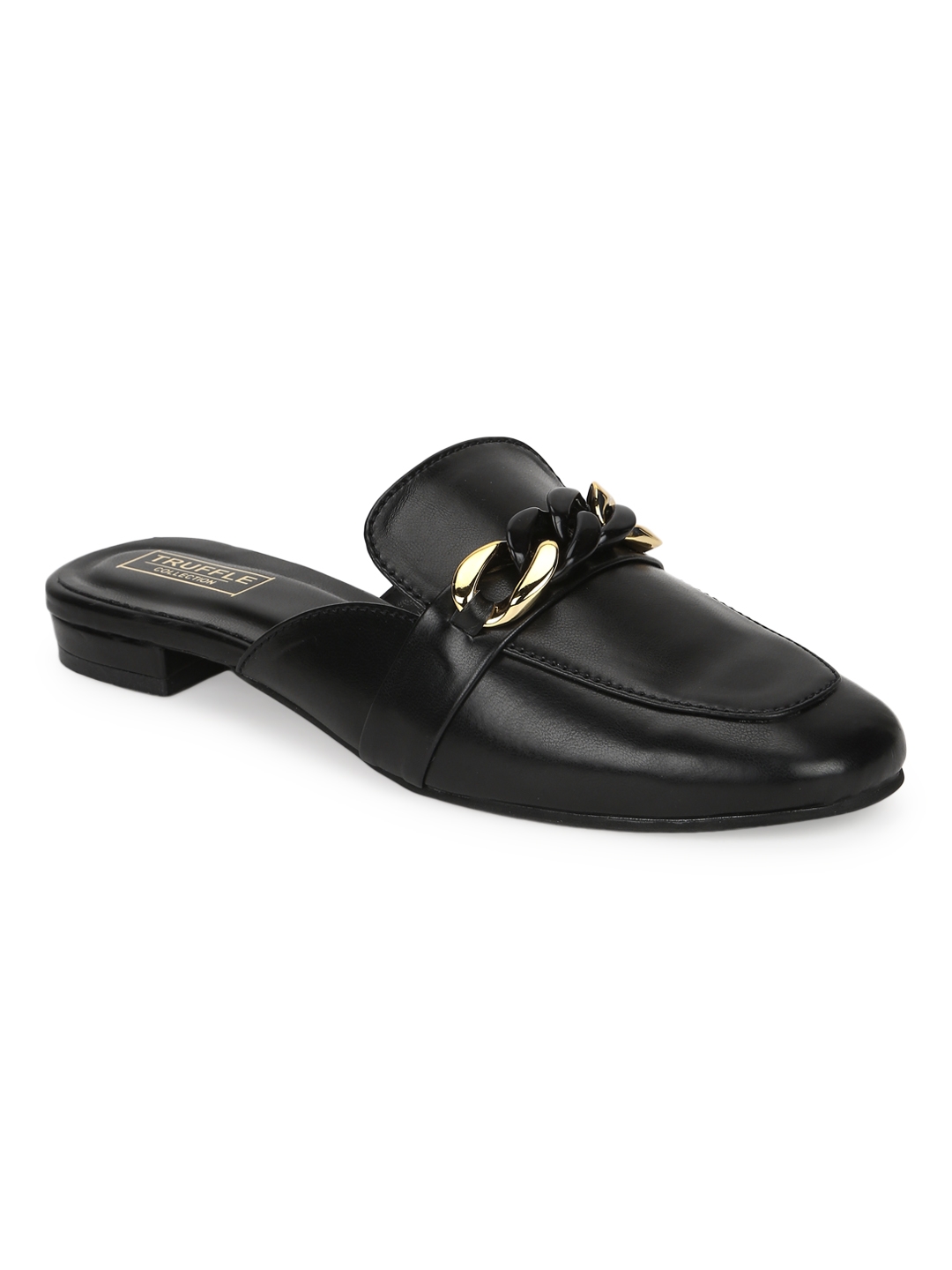 Truffle Collection | Black PU Kitten Heel Wide Chain Loafers