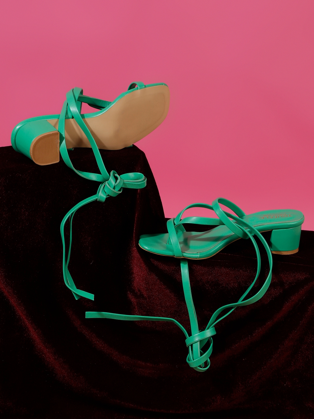 Green PU Lace-Up Block Sandals