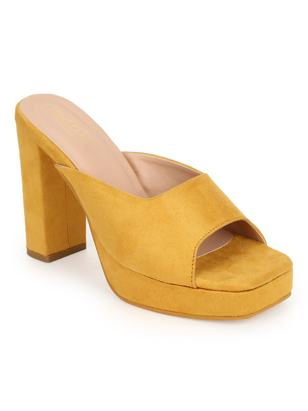 Truffle Collection | Mustard Yellow Suede High Block Heel Mules