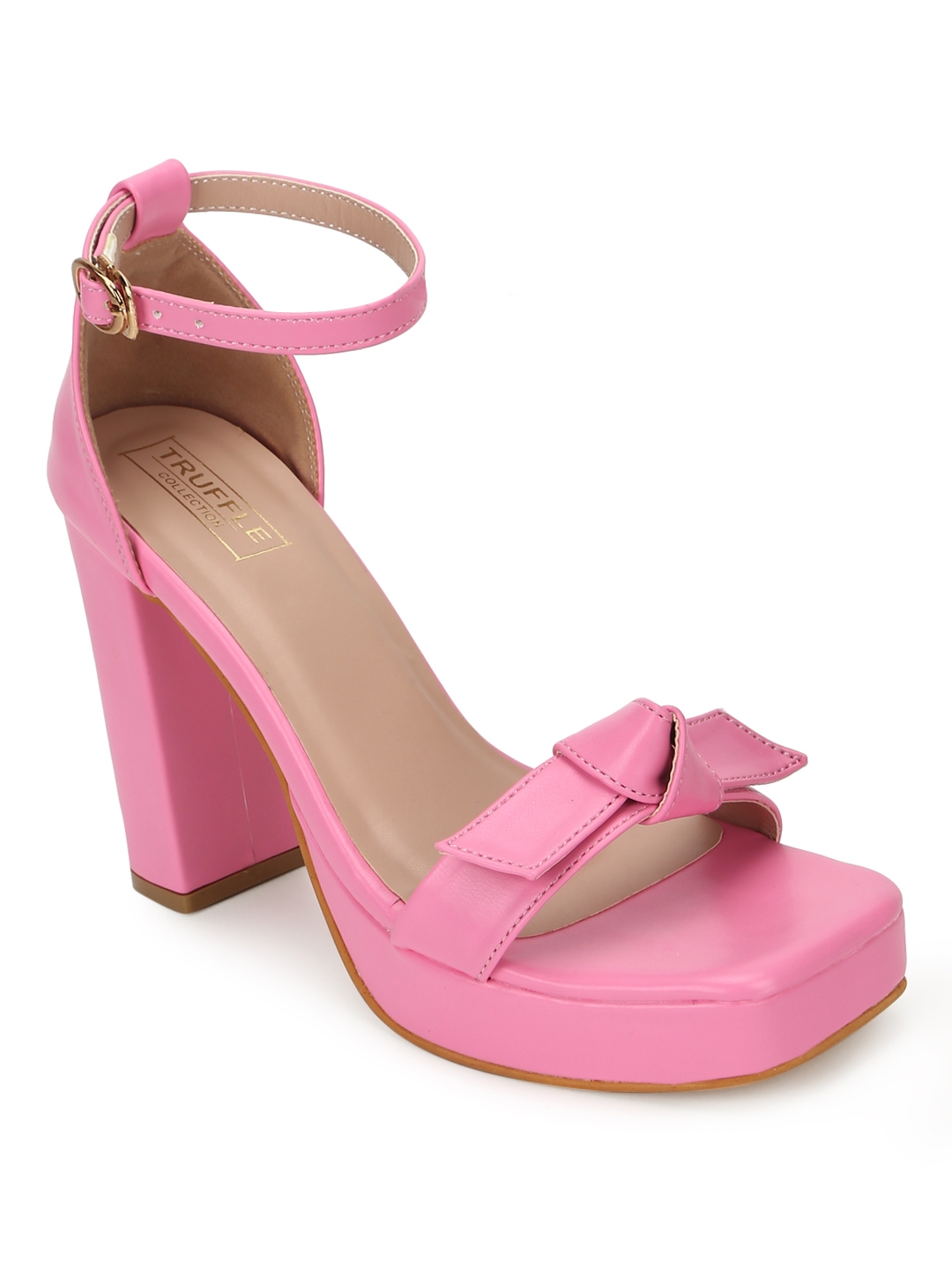 Truffle Collection | Fuschia Pink PU Bow Detail High Block Heels