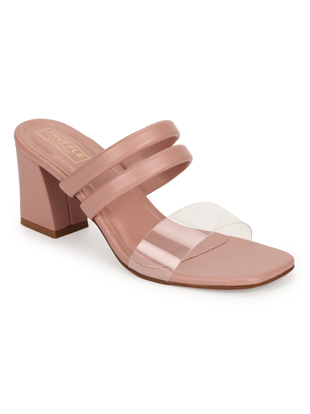 Truffle Collection | Pink PU Perspex Clear Block Heel Mules