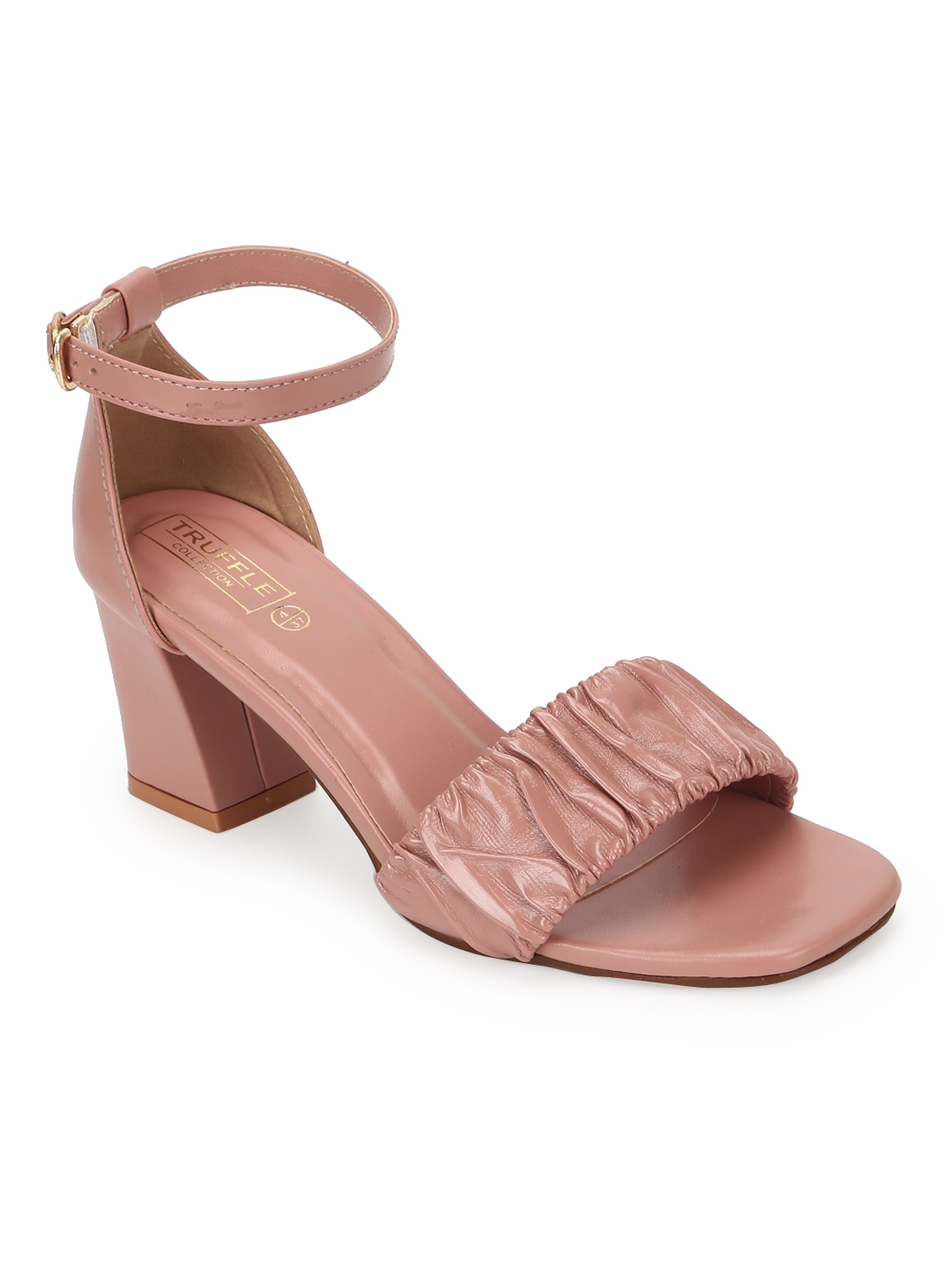 Truffle Collection | Nude PU Wrinkled Strap Block Heel Sandals