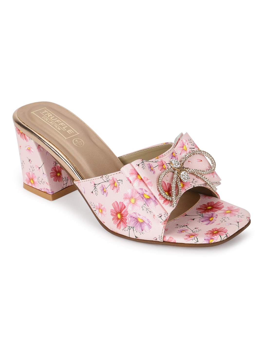 Truffle Collection | Pink PU Floral Diamante Bow Block Heel Mules