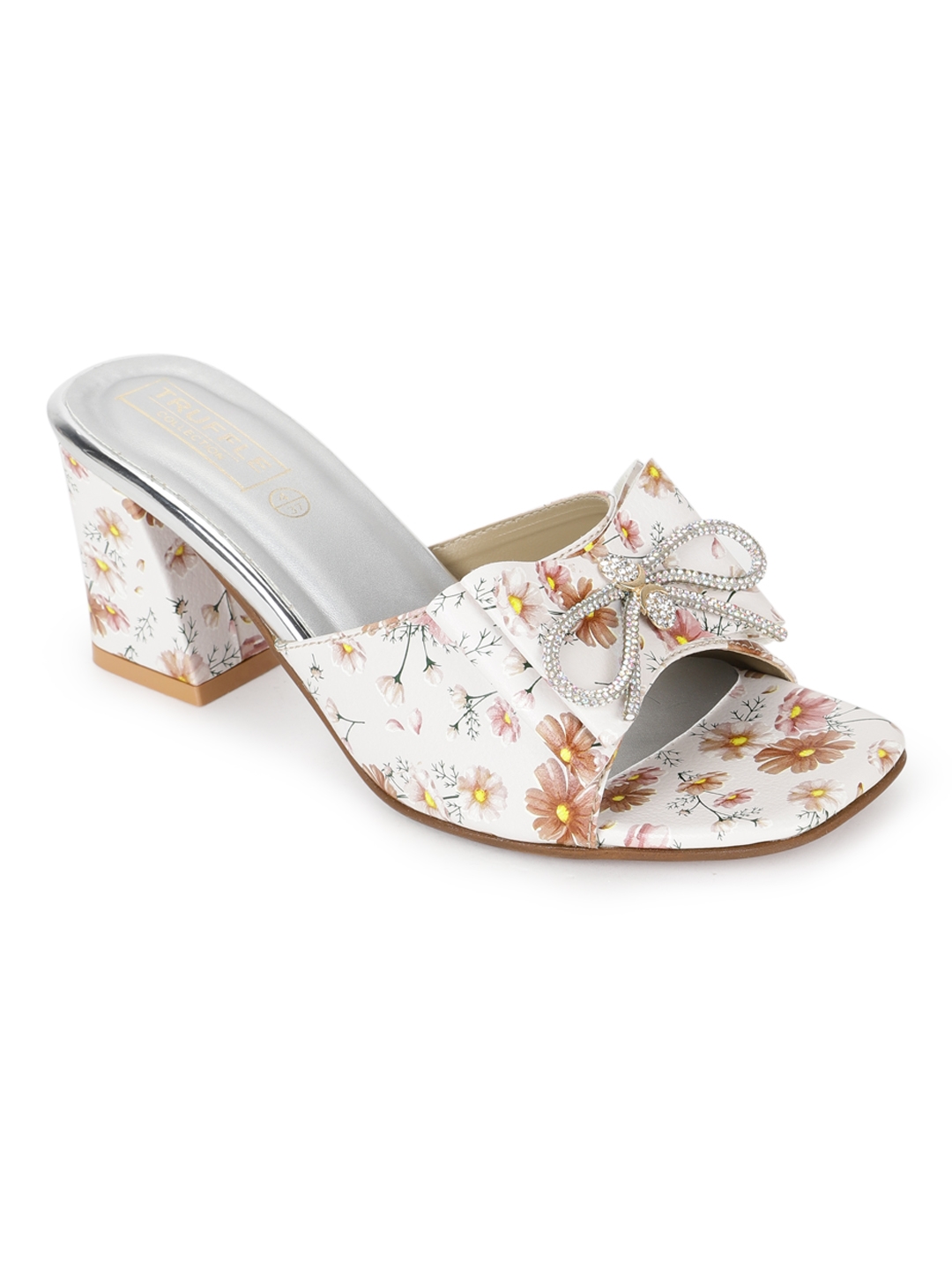 Truffle Collection | White PU Floral Diamante Bow Block Heel Mules