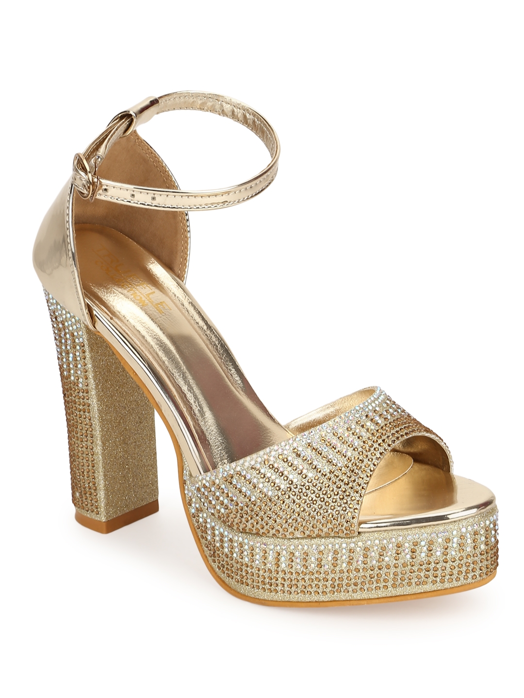 Truffle Collection | Gold Patent Glitter High Block Heel Sandals