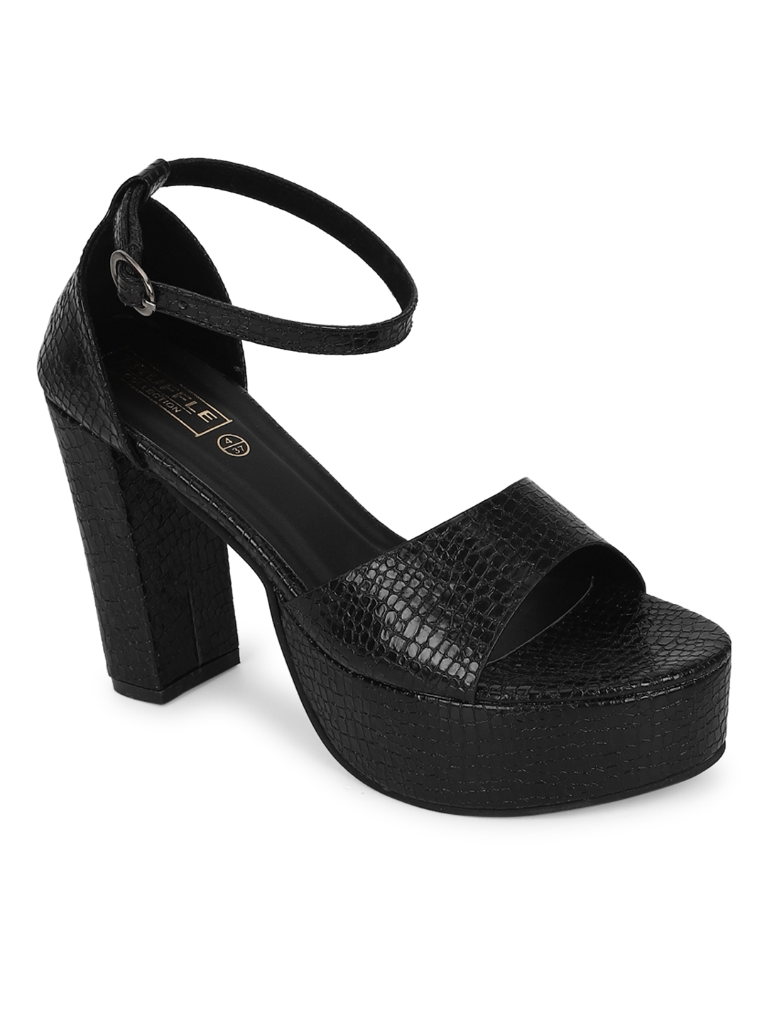 Truffle Collection | Black PU Croc Pattern Platform Sandals