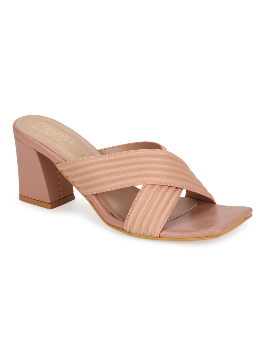 Truffle Collection | Nude PU Crossover Strap Block Mules