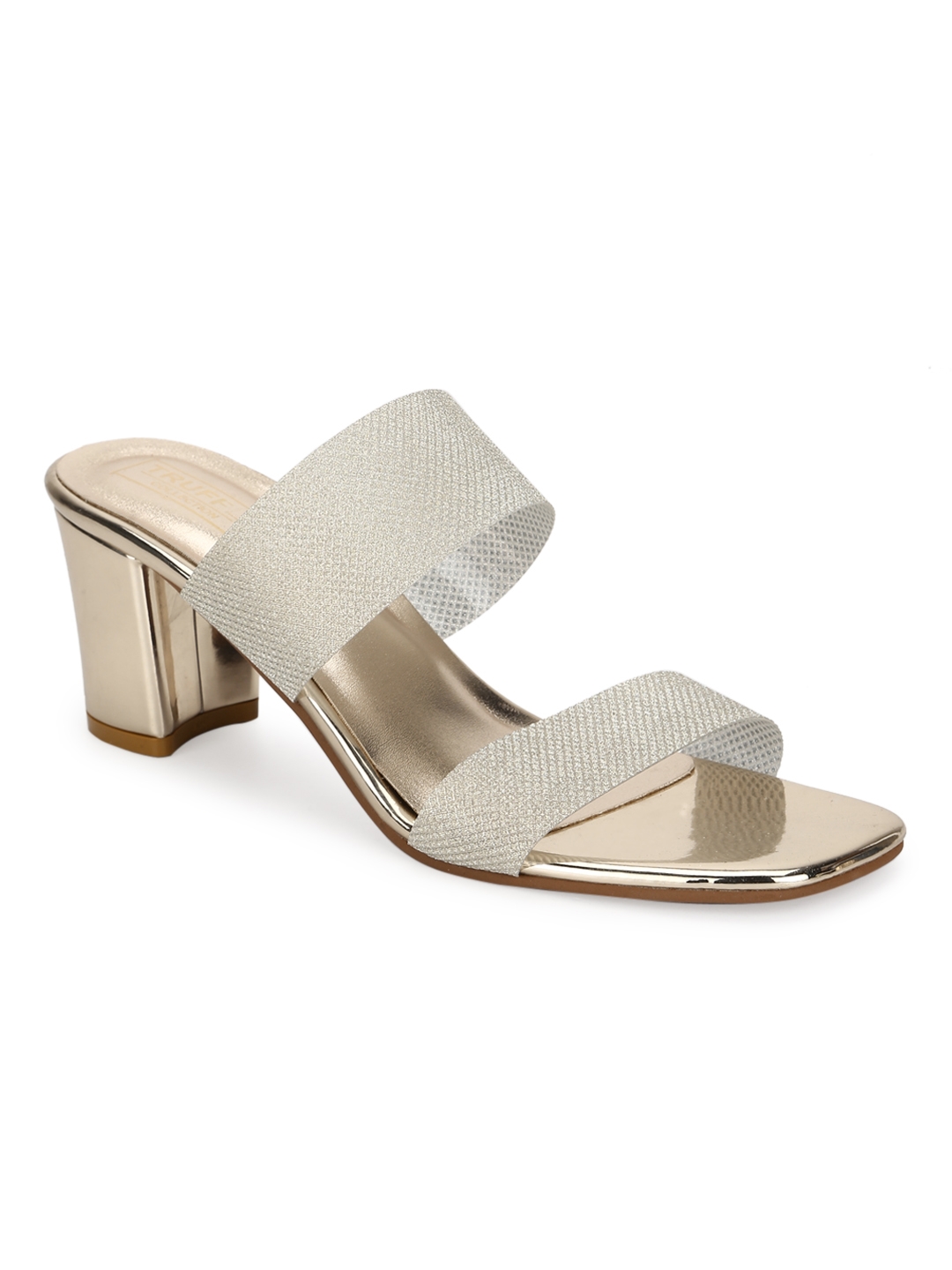 Truffle Collection | Gold PU Block Heels Mules