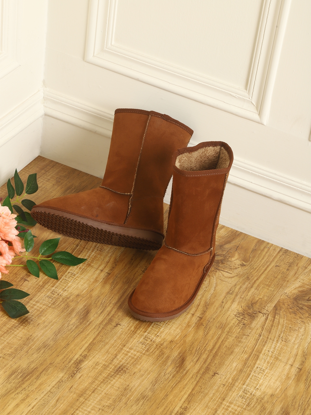 Truffle Collection | Tan Micro Flat Snow Mid Calf Boots