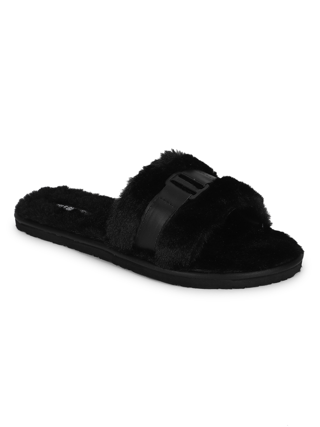 Truffle Collection | Black Fuzzy Fur Slip Ons With Buckle