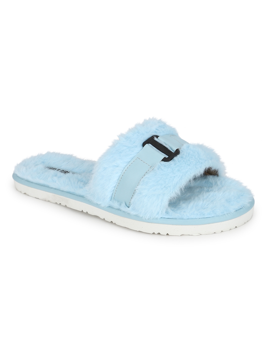 Blue Fuzzy Fur Slip Ons With Buckle