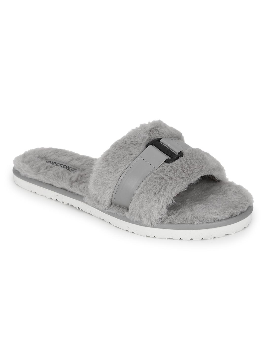 Truffle Collection | Grey Fuzzy Fur Slip Ons With Buckle