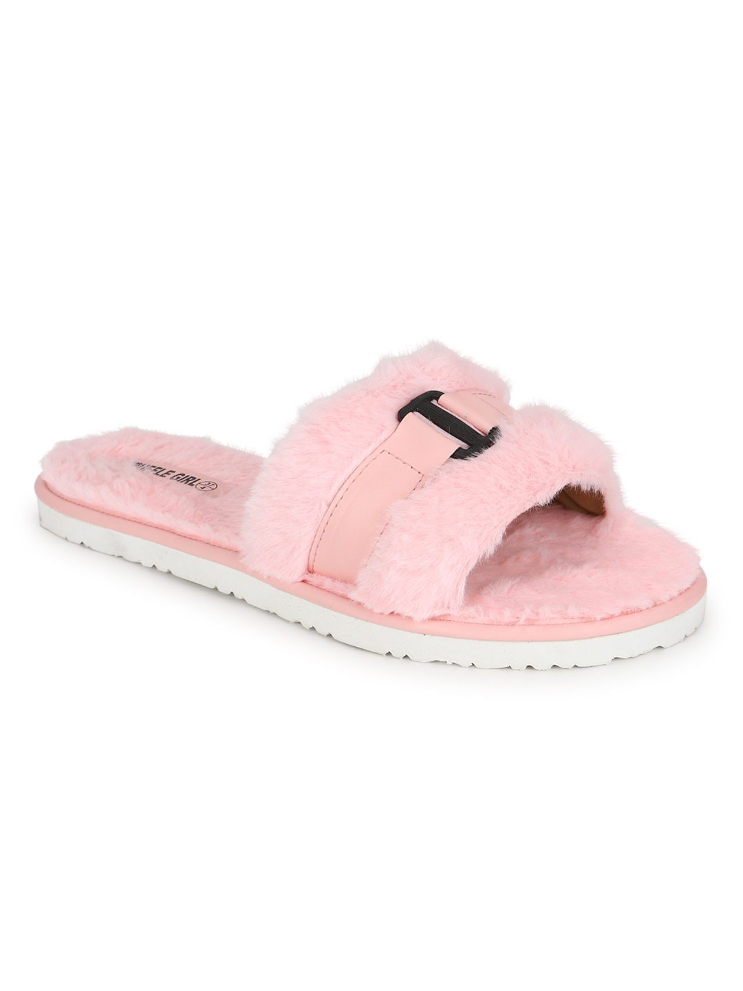Pink Fuzzy Fur Slip Ons With Buckle