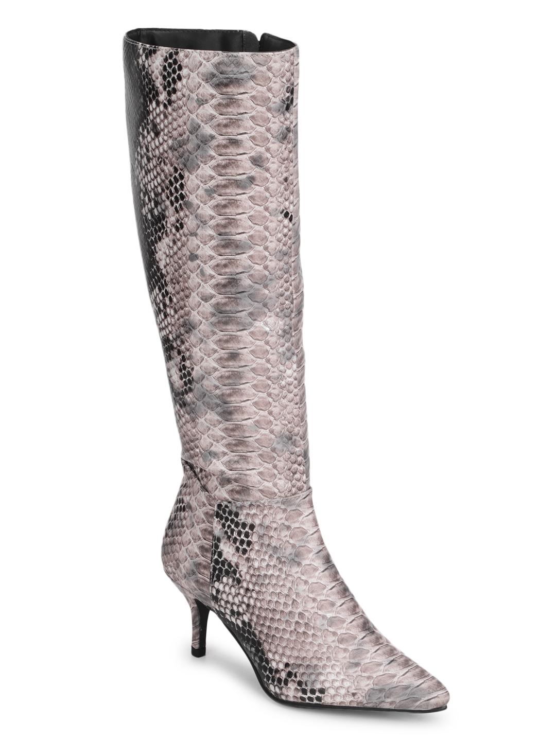 Beige Snake PU Pointed Knee High Boots