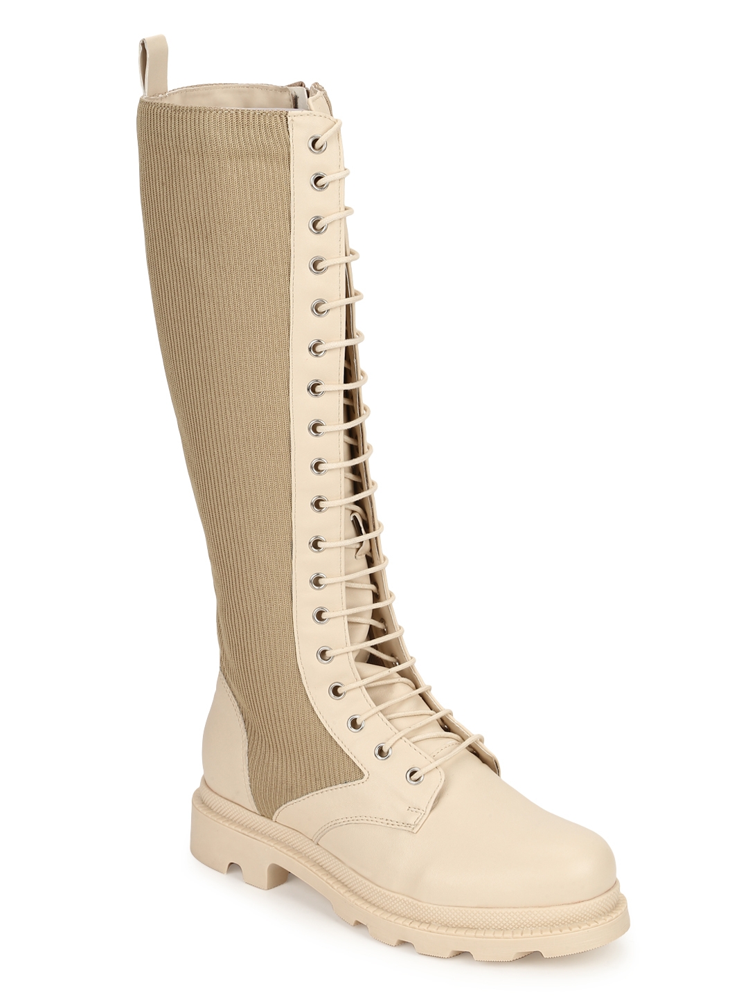 Truffle Collection | Cream PU Lace Up Snug Fit Long Boots