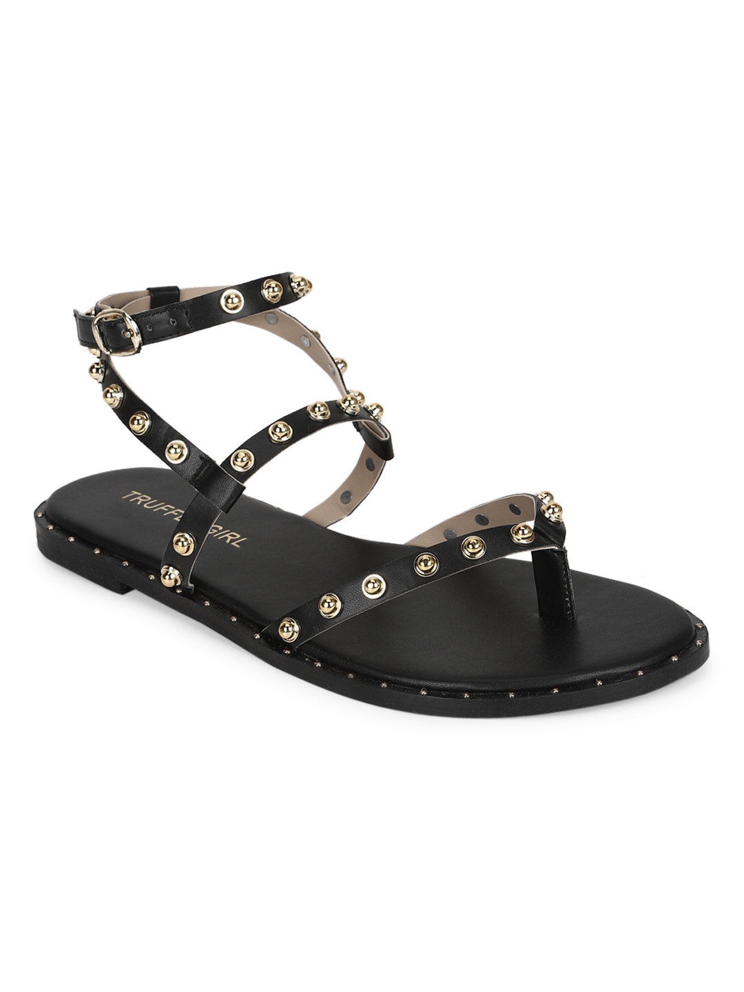Truffle Collection | Black PU Studded Flat Sandals