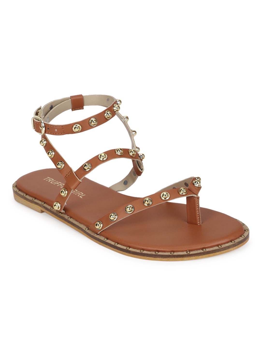 Truffle Collection | Tan PU Studded Flat Sandals