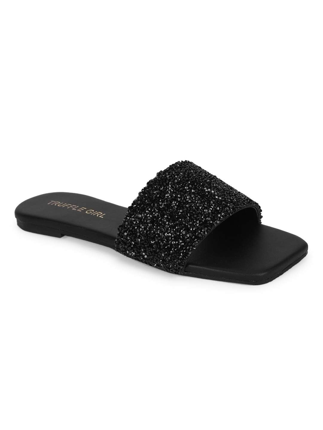 Truffle Collection | Black PU Sequin Glitter Strap Slip On Flats