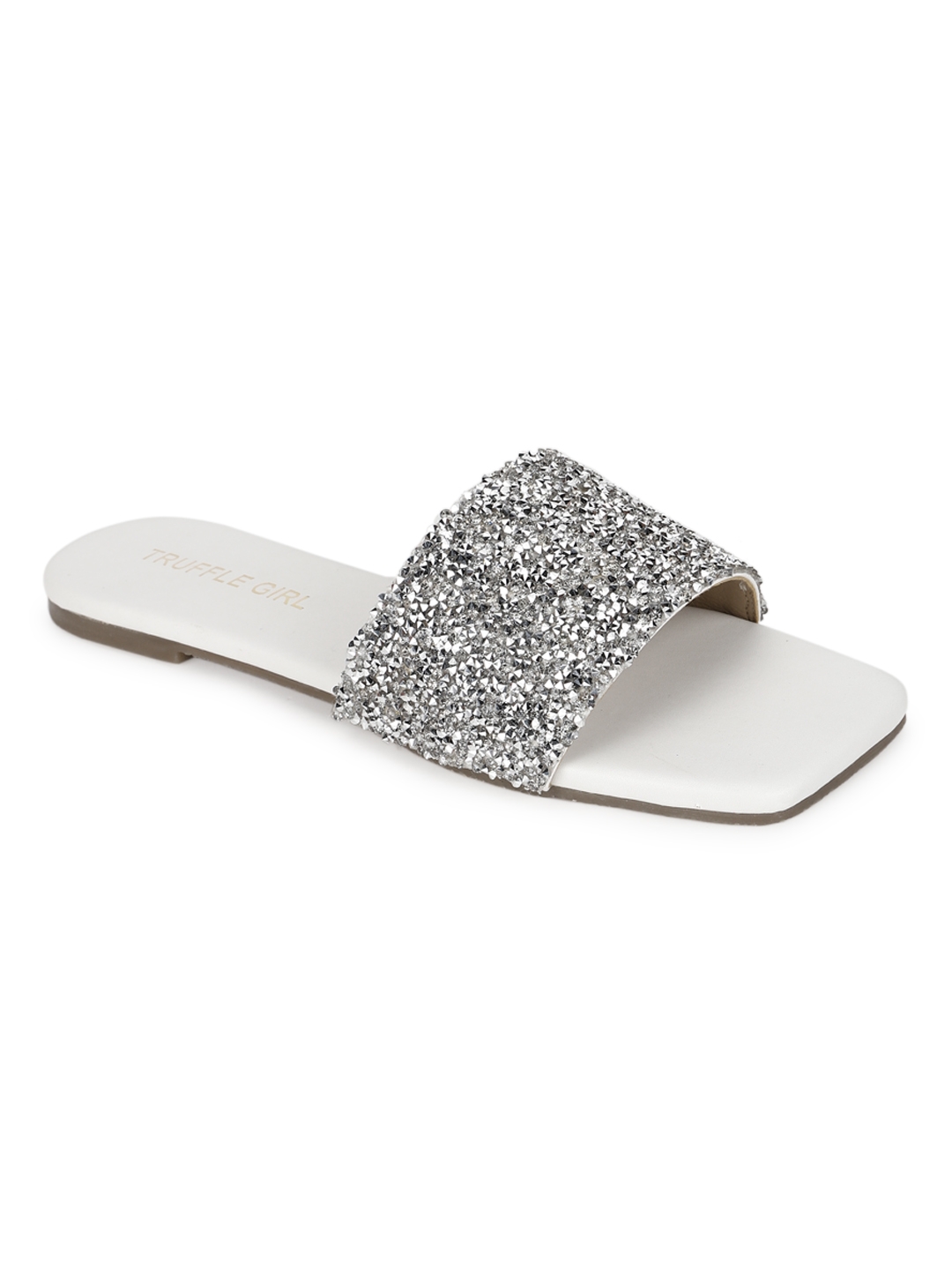Truffle Collection | White PU Sequin Glitter Strap Slip On Flats