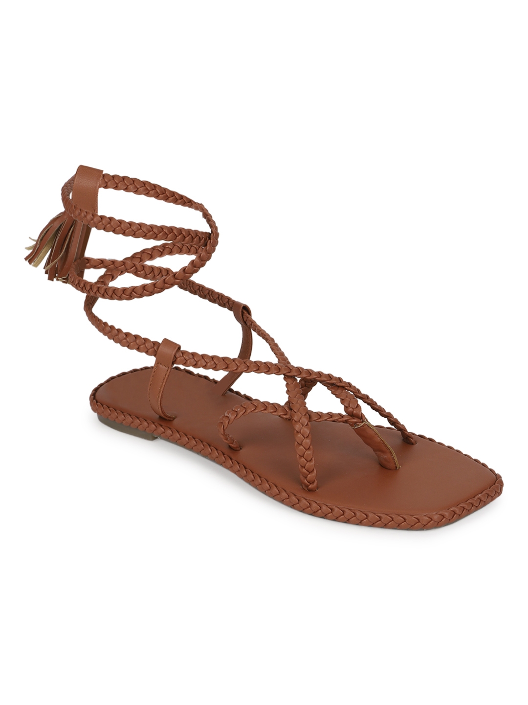 Truffle Collection | Tan PU Braided Lace Up Flat Sandals