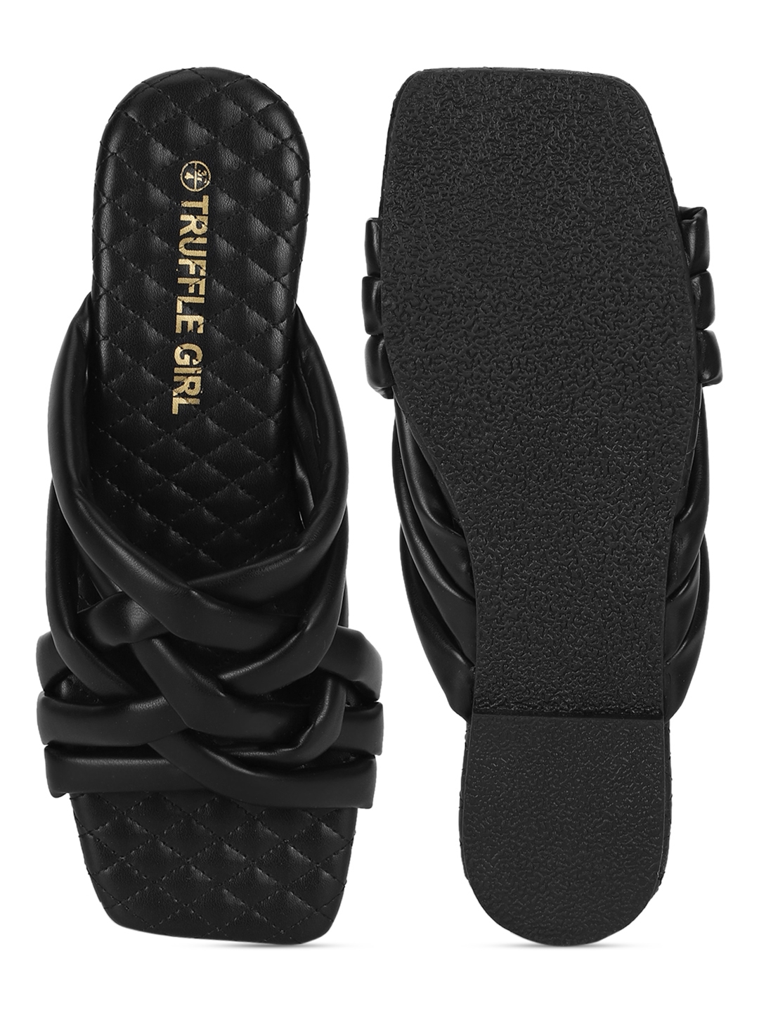 Black PU Strappy Quilted Sole Slip Ons