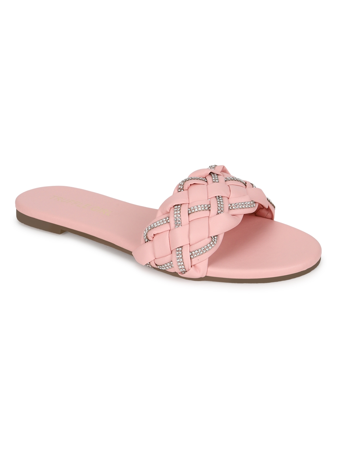 Truffle Collection | Pink PU Braided Diamante Slip Ons