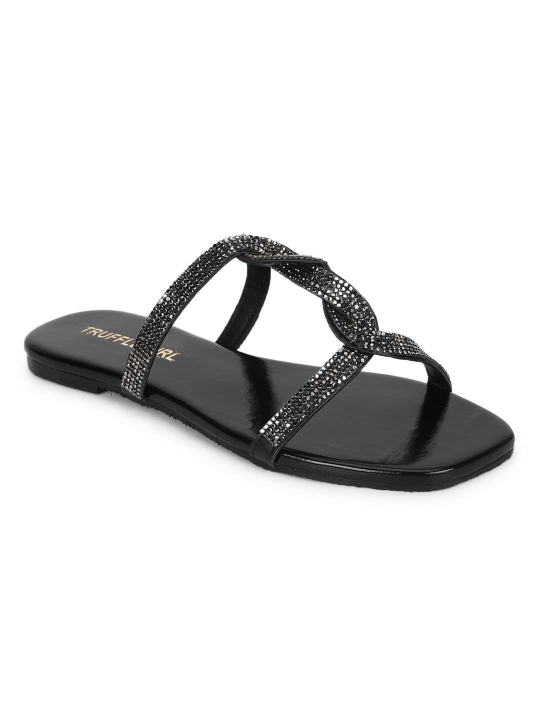 Truffle Collection | Black PU Twisted Diamante Strap Slip Ons