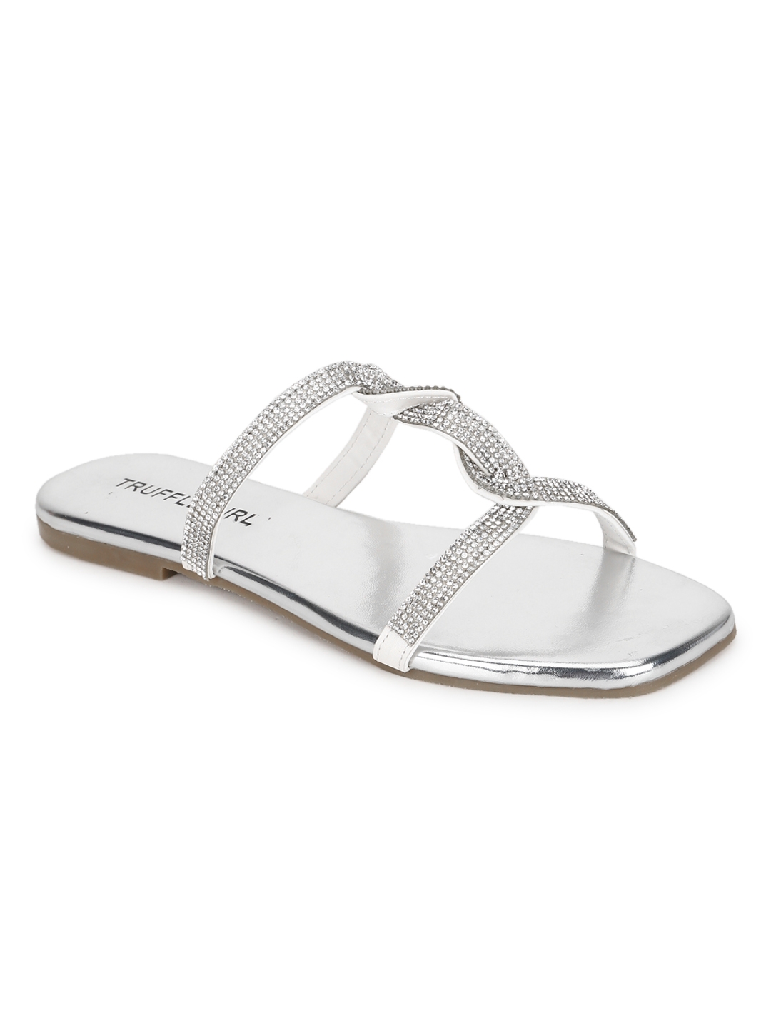 Truffle Collection | Silver PU Twisted Diamante Strap Slip Ons