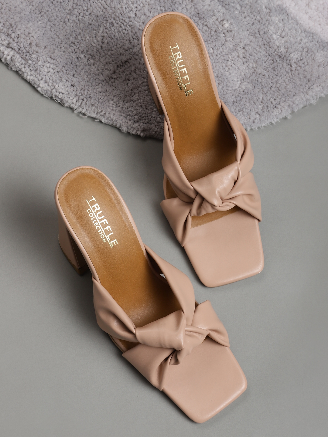 Nude PU Knotted Strap Block Heel Mules