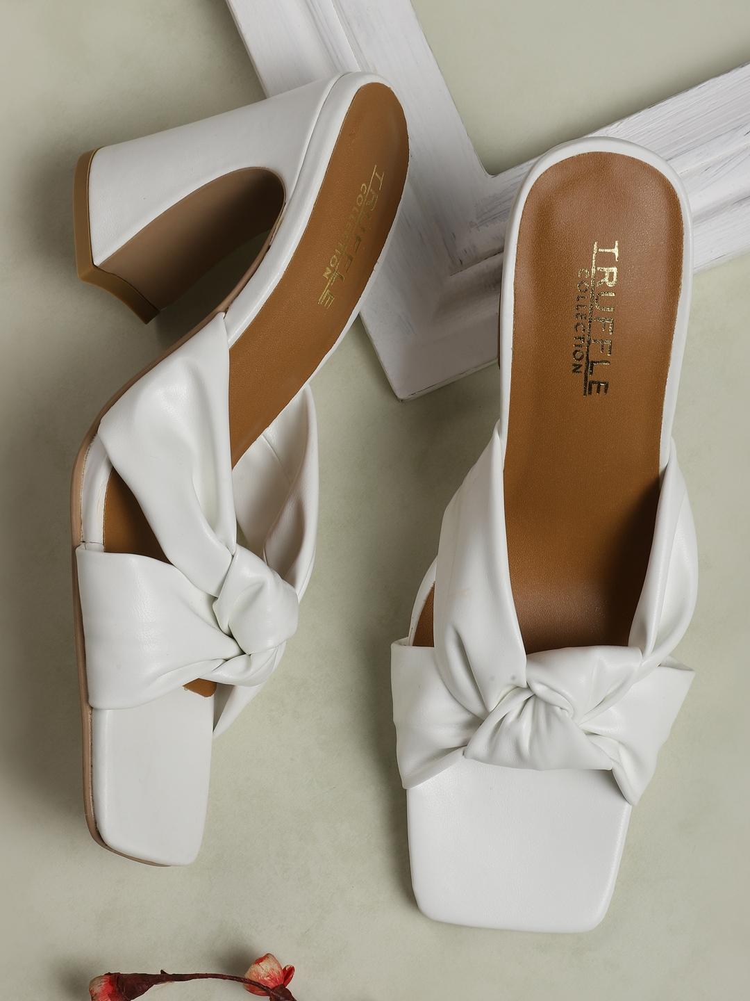 Truffle Collection | White PU Knotted Strap Block Heel Mules