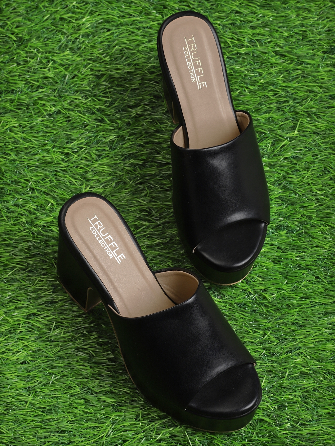 Truffle Collection | Black PU Wide Strap High Block Heel Mules