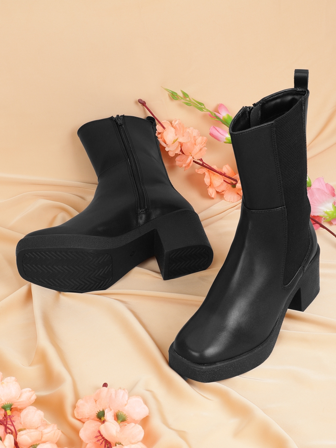 Truffle Collection | Black PU Block Ankle Boots