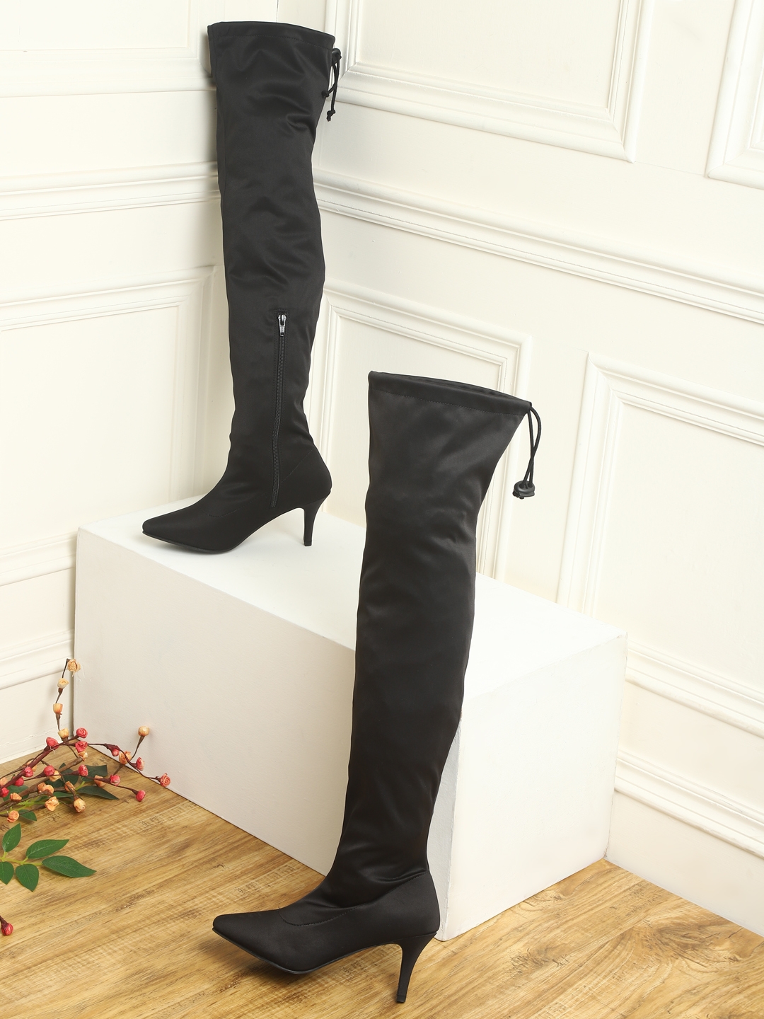 Black Lycra Stiletto Long Boots