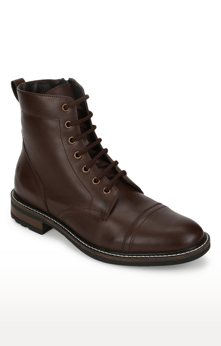 Truffle Collection | Brown PU Lace Up High Ankle Men's Boots