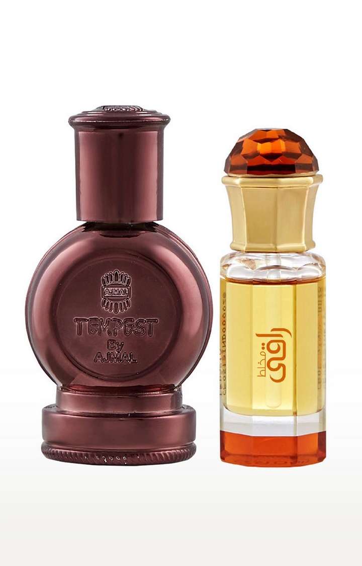 Ajmal Tempest Concentrated Perfume Oil Alcohol-free Attar 12ml for Unisex and Mukhallat Raaqi Concentrated Perfume Oil Alcohol-free Attar 10ml for Unisex