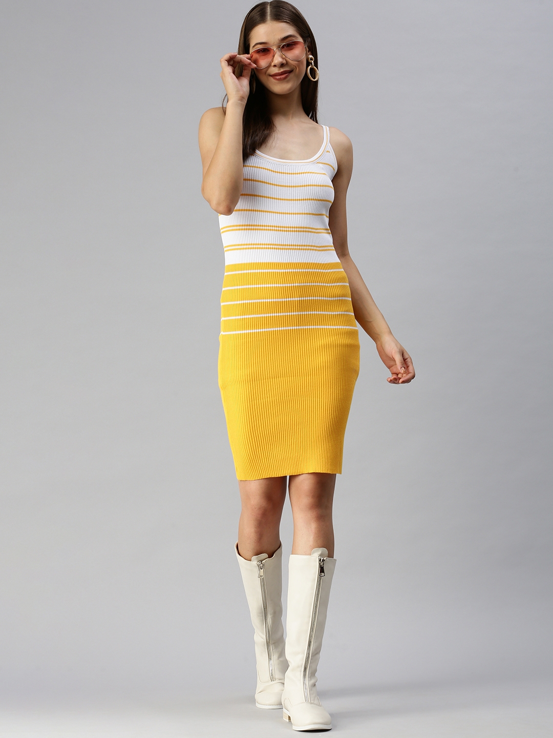 Women's Yellow Synthetic Striped Dresses