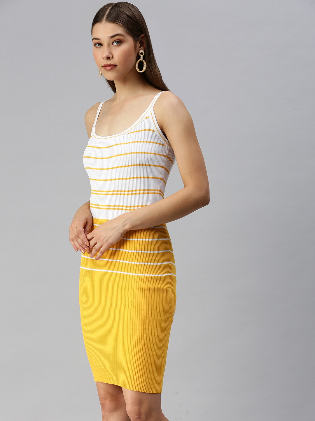 Women's Yellow Synthetic Striped Dresses