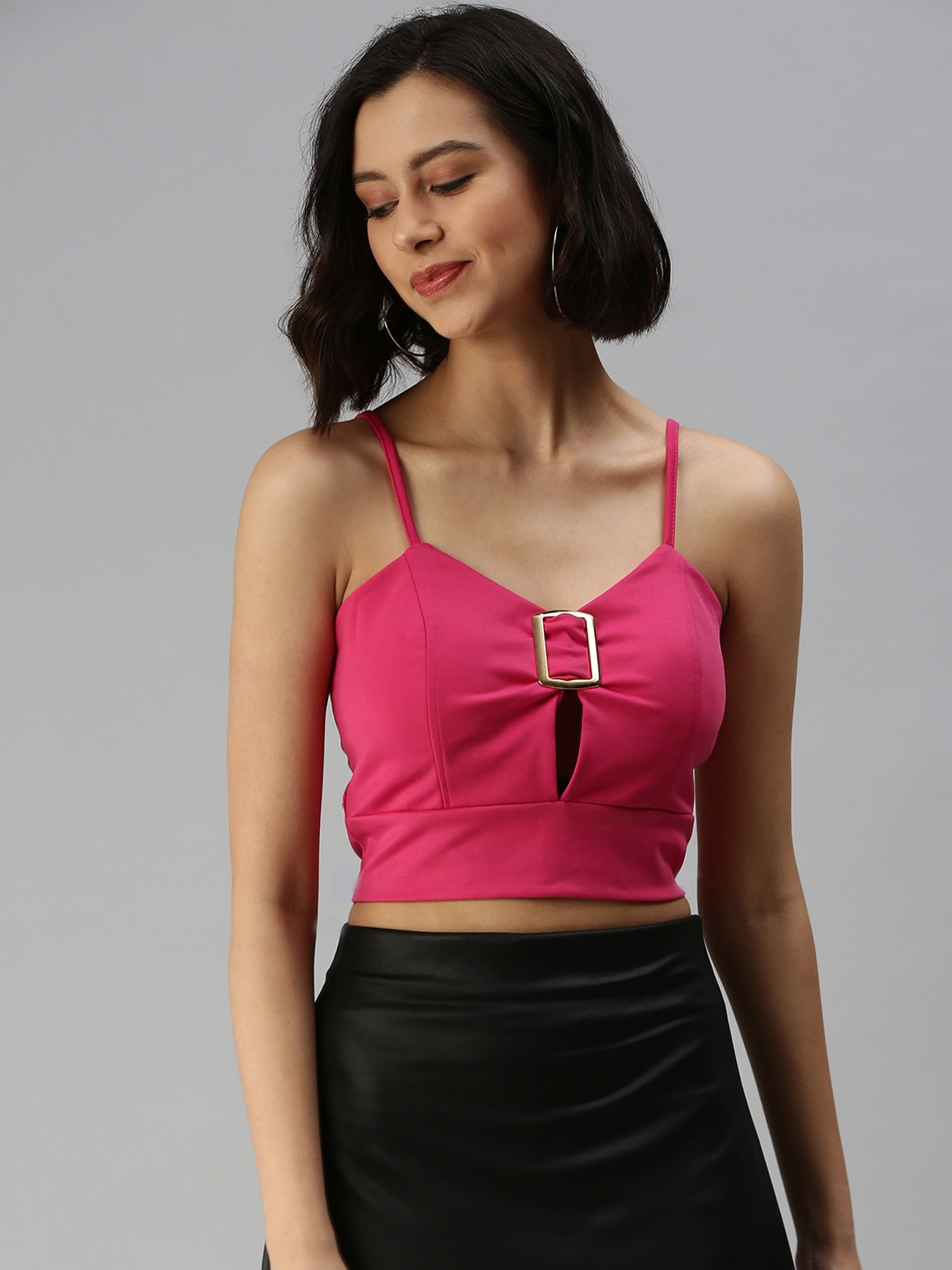 Women's Pink Polyester Solid Tops