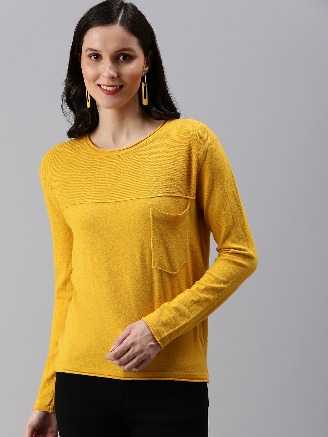 SHOWOFF Women's Solid Fitted Yellow Round Neck Top