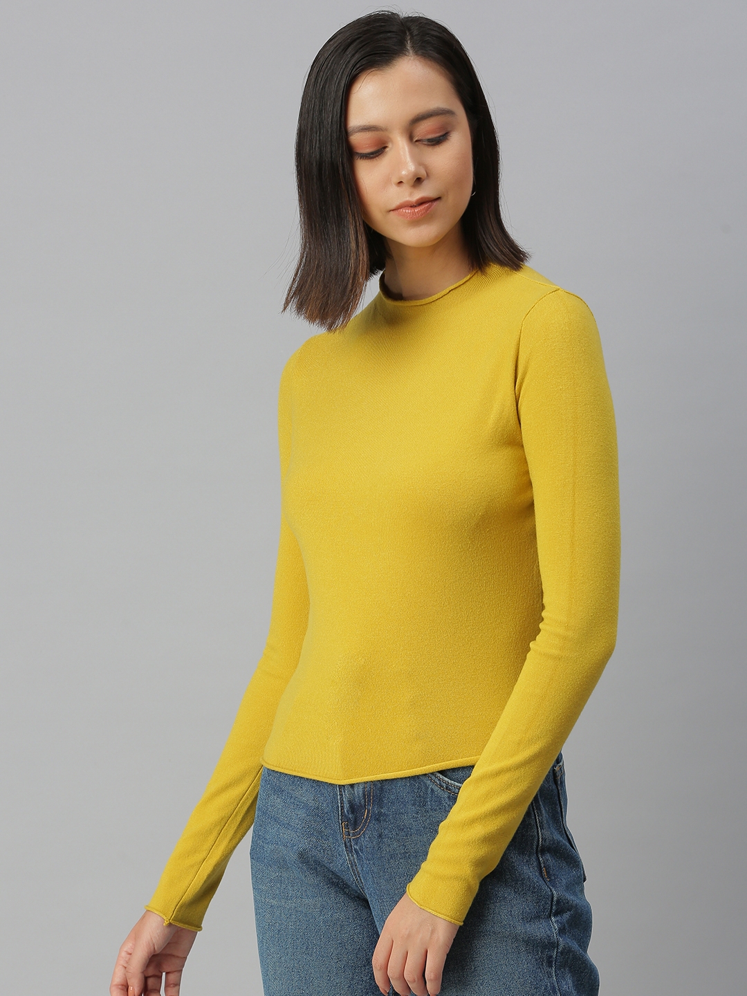 Women's Yellow Cotton Blend Solid Tops
