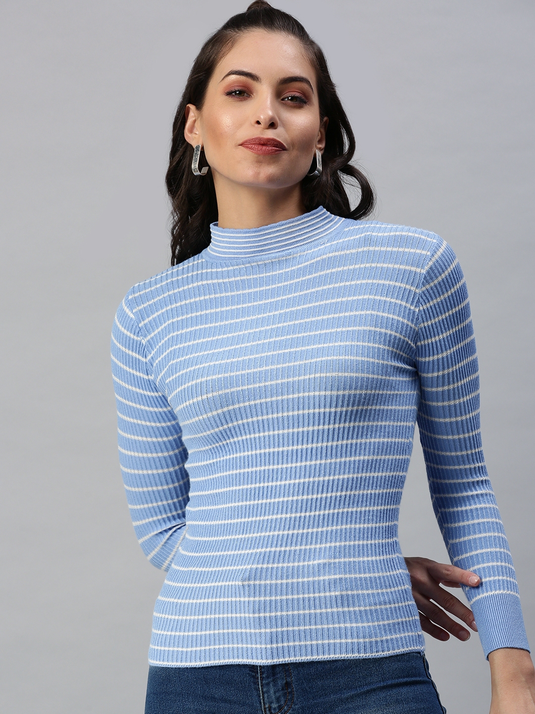 Women's Blue Cotton Blend Striped Tops