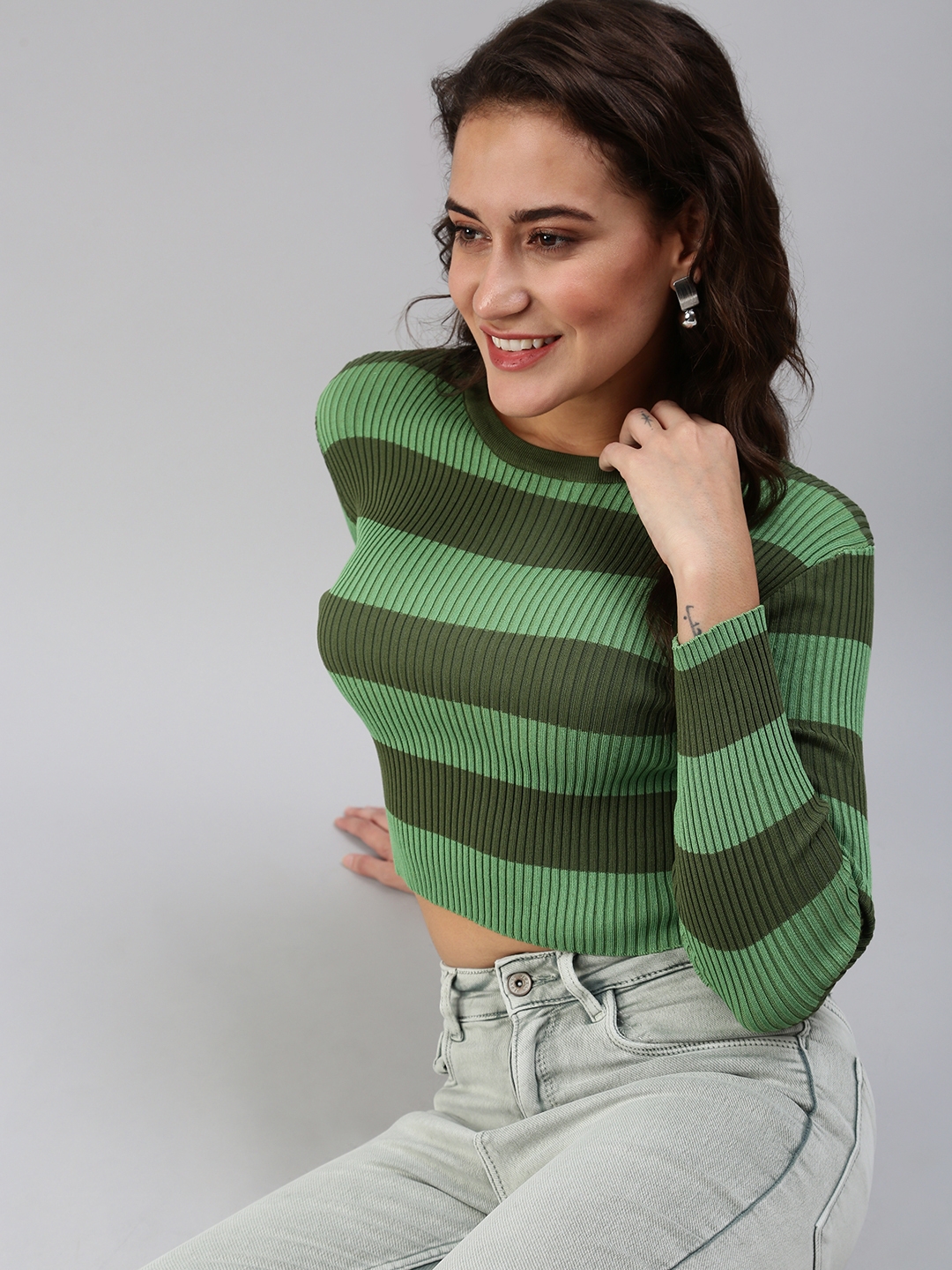 SHOWOFF Women's Horizontal Stripes Fitted Green Round Neck Top